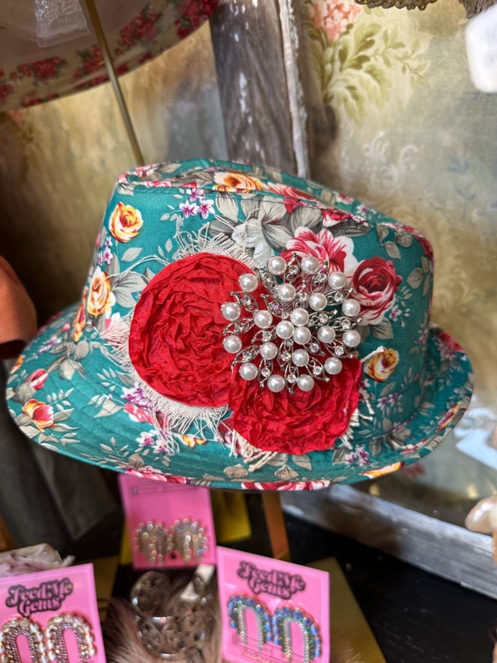 Floral Teal Fedora with Red Rosette & Pearl Brooch